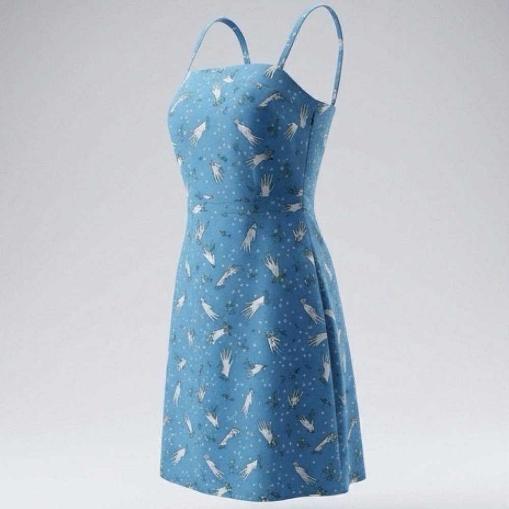 Whimsical Abstract Hand & Star Print Blue Dress M Boho Artistic